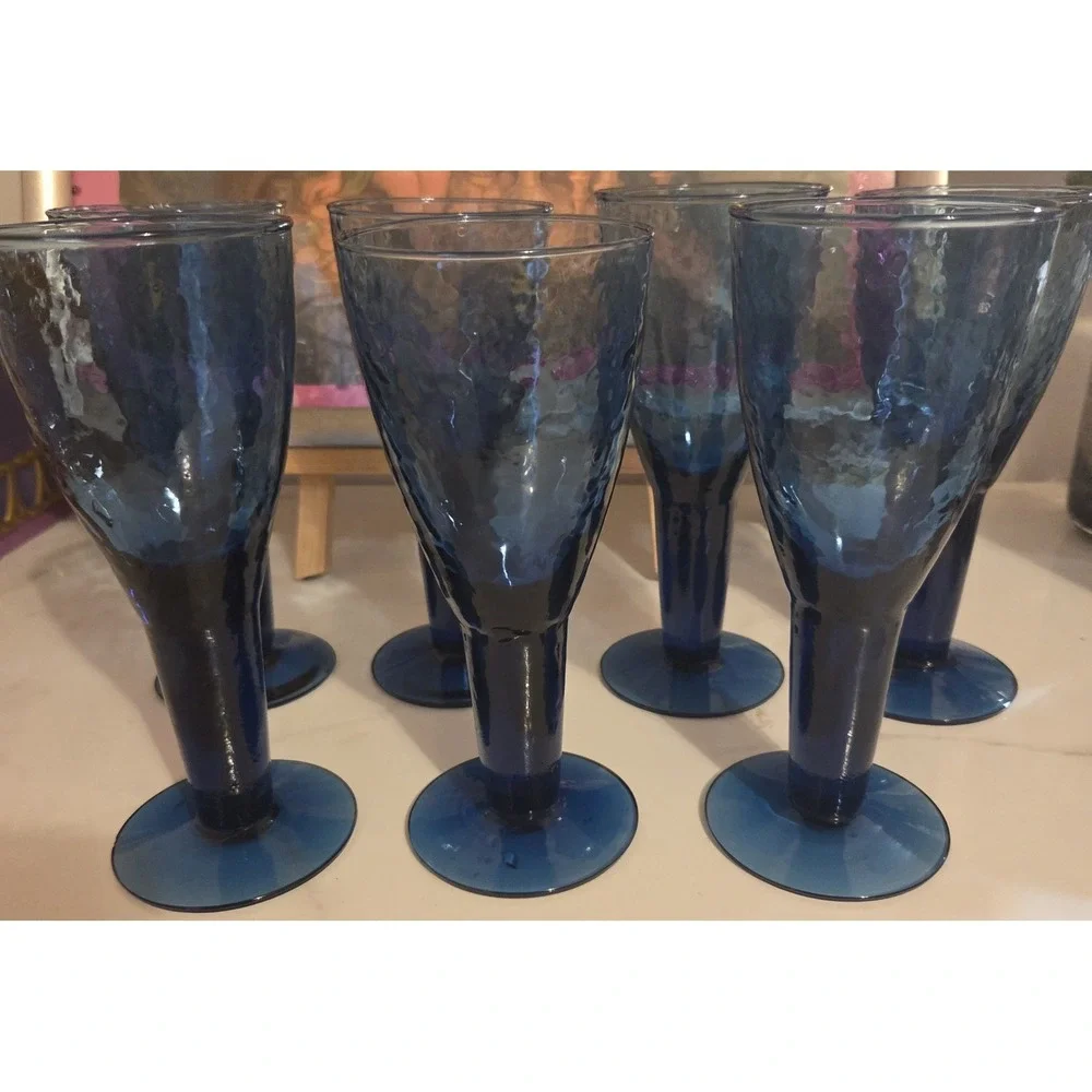 MEXICO GLASS BLUE HAMMERED GOBLETS WATER WINE STEMWARE SET 7